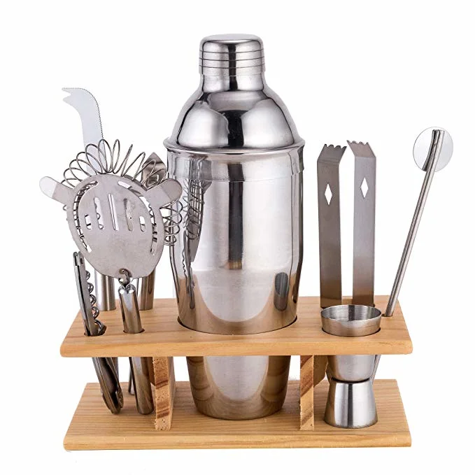 Stainless Steel Bar Set Bamboo Holder Kit Accessories Cocktail Shaker